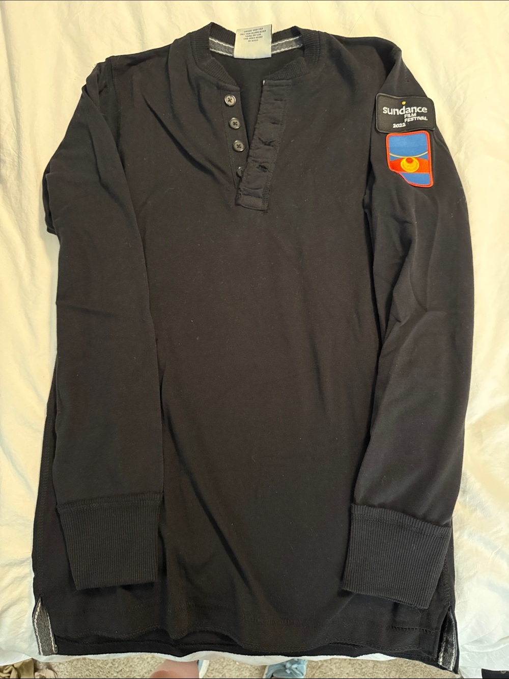 Sundance Black Long-Sleeve Henley with Colorful Sleeve Patch